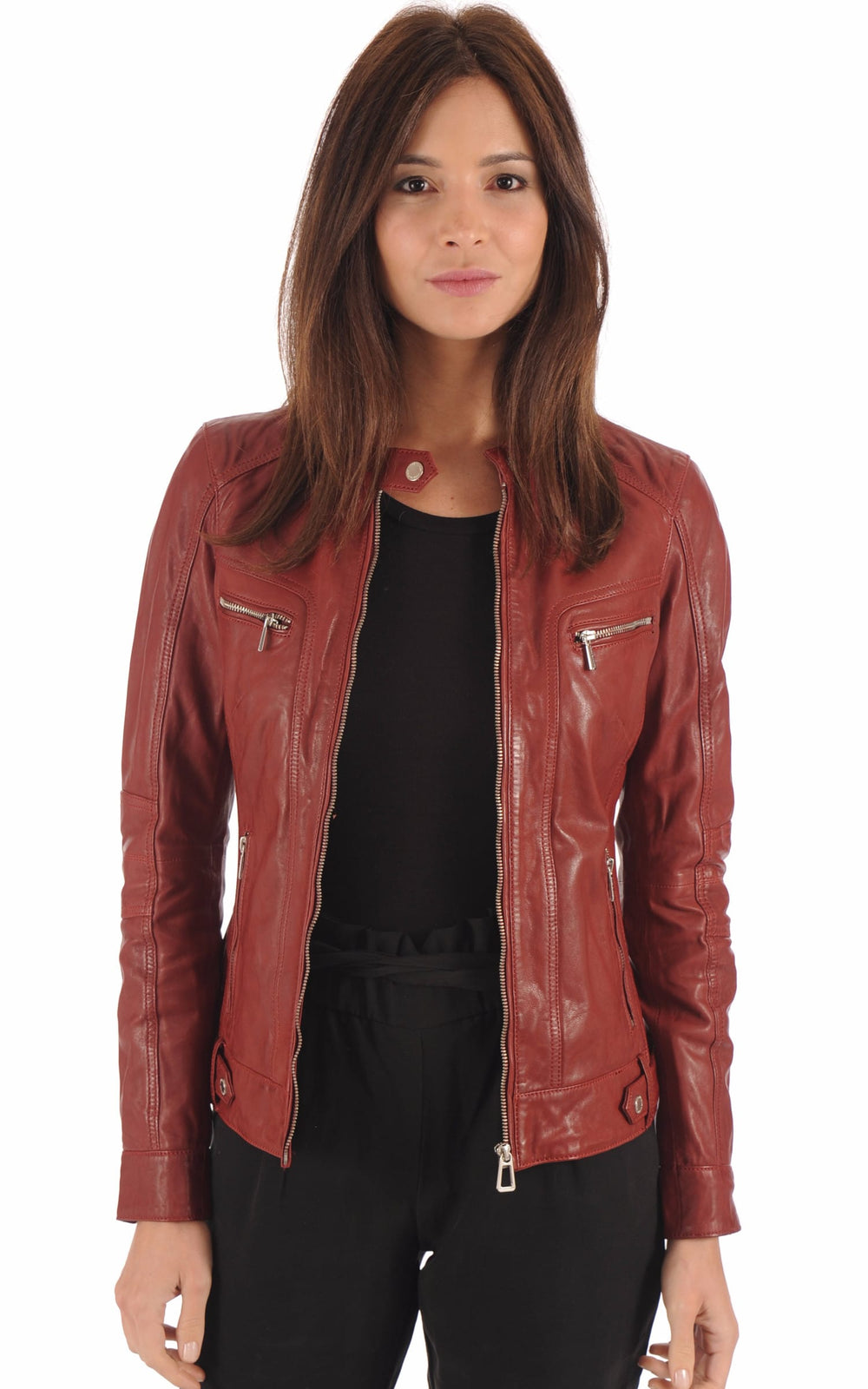 Blouson Cuir Femme Rose garden, modèle Silene 100104 de couleur rouge