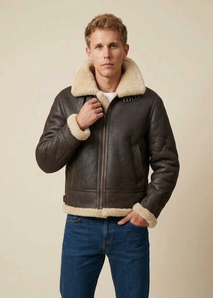 A man wearing a dark brown leather aviator-style jacket with a thick cream shearling collar, cuffs, and hem, paired with blue jeans, against a solid beige studio background.