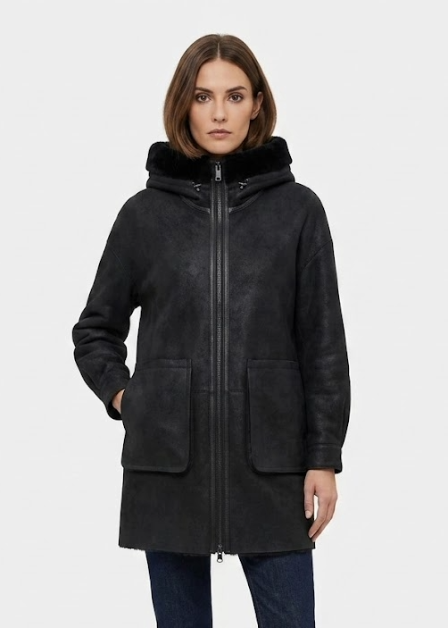 Gavina, 84 cm. - Kapuze – Nappa-Lamm – Damen – Schwarz