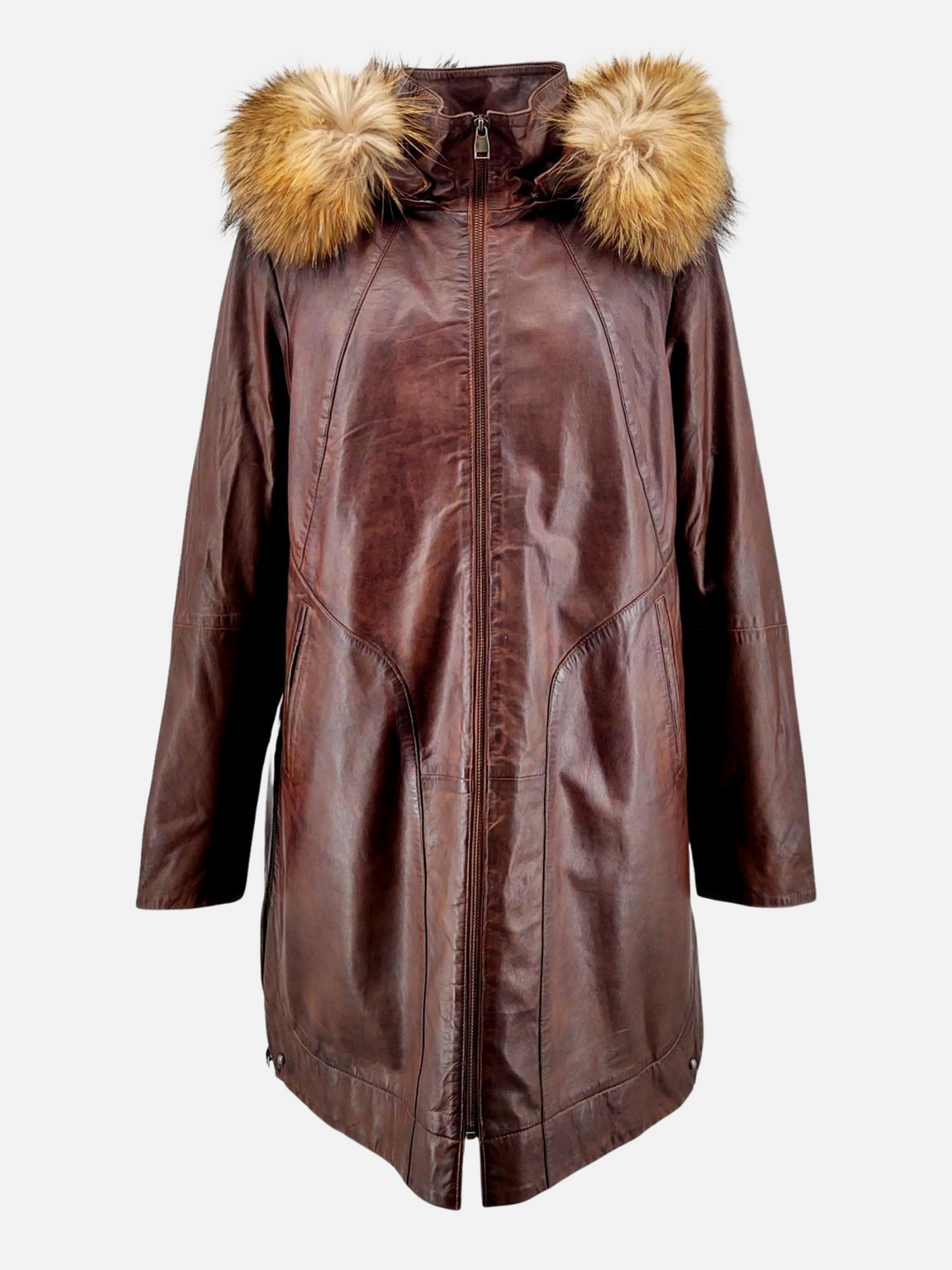 Pia kobber brun læder jakke /frakke med hætte - dame