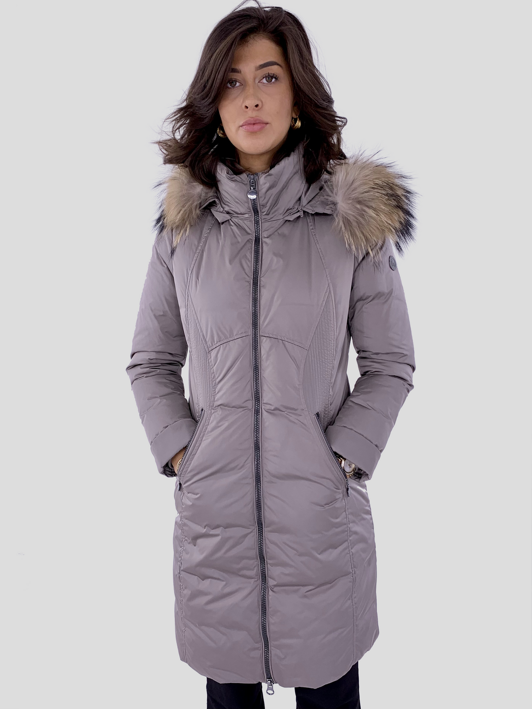 2931-620R Silver Grey down coat with fur trim - women