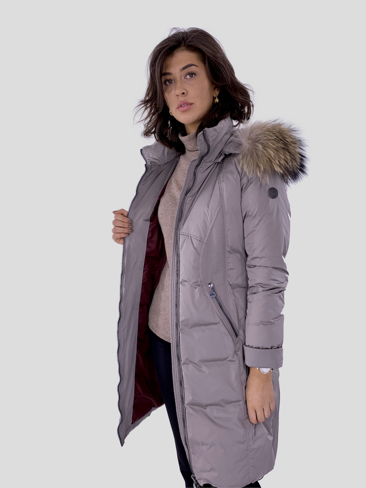 2931-620R Silver Grey down coat with fur trim - women