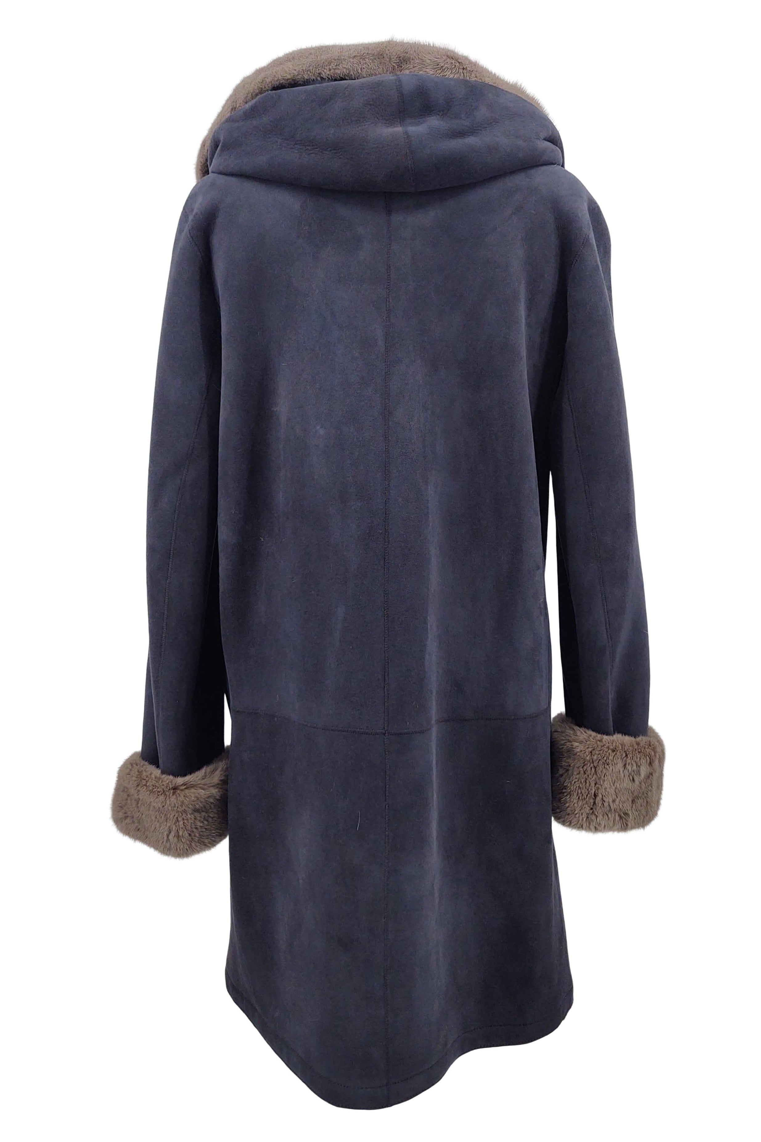 Piemonte, 90 cm. - Hood - Suede Lamb Coat - Women - Dark Blue - Levinsky