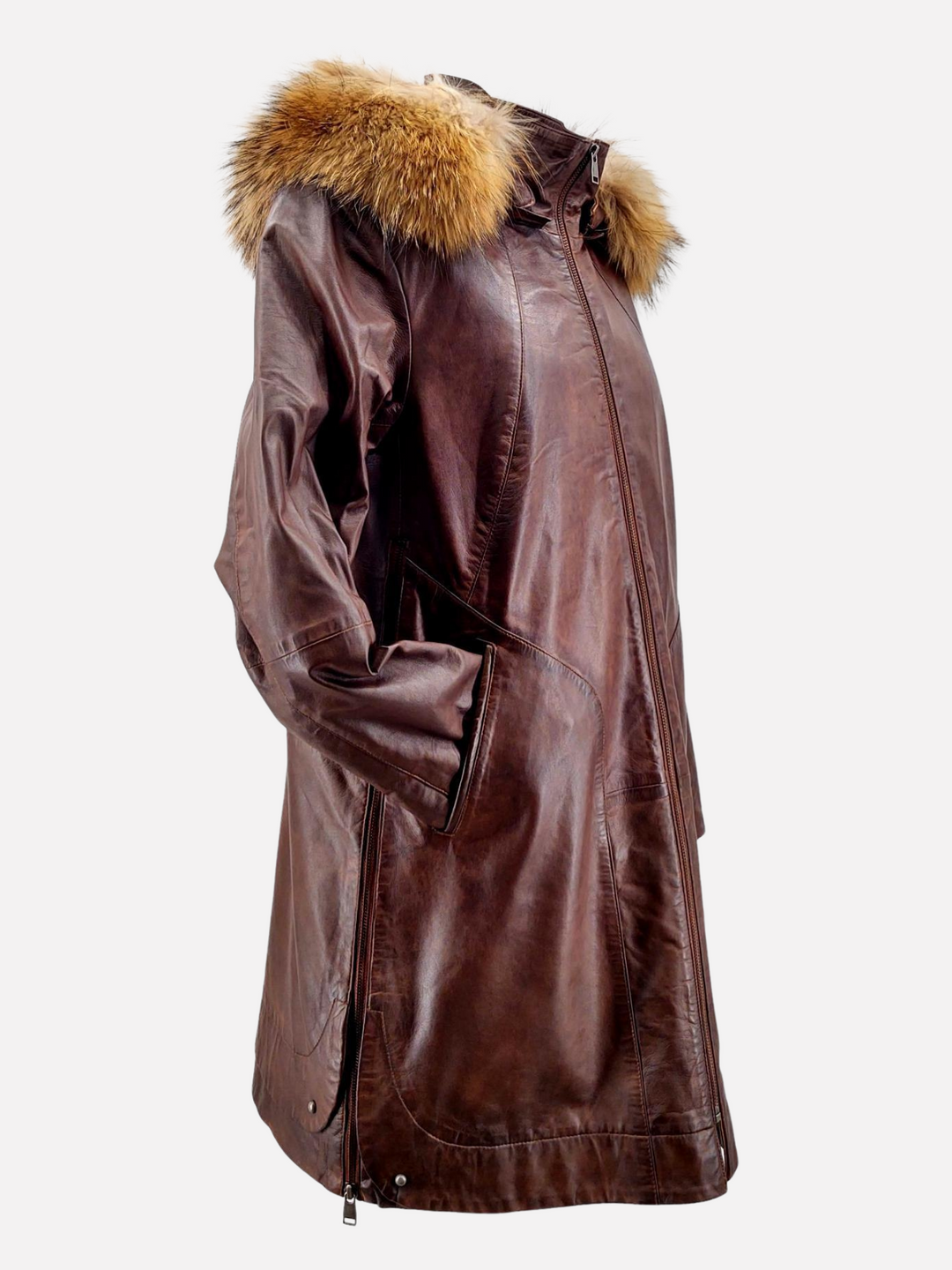 Pia kobber brun læder jakke /frakke med hætte - dame