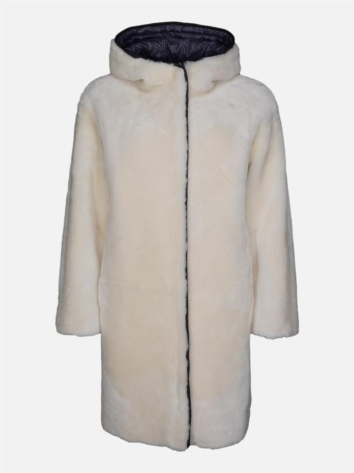 Gernsey 90 cm. -  lamme pels jakke - Hætte - Dame - Grå og hvid