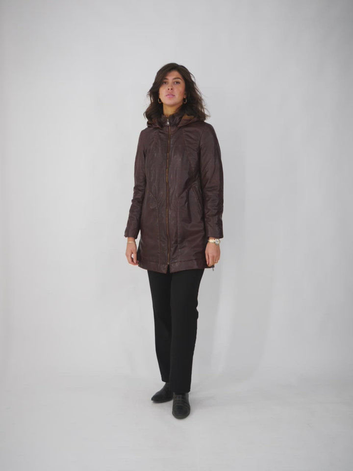 Aliana - Leather jacket with hood - Women - Copper Brown