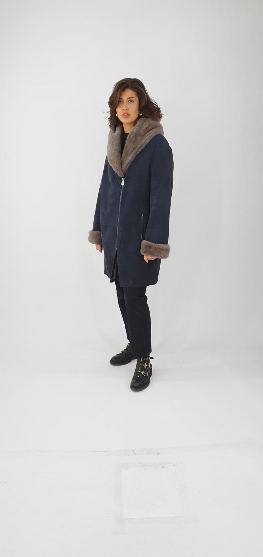 Piemonte, 90 cm. - Hood - Suede Lamb Coat - Women - Dark Blue